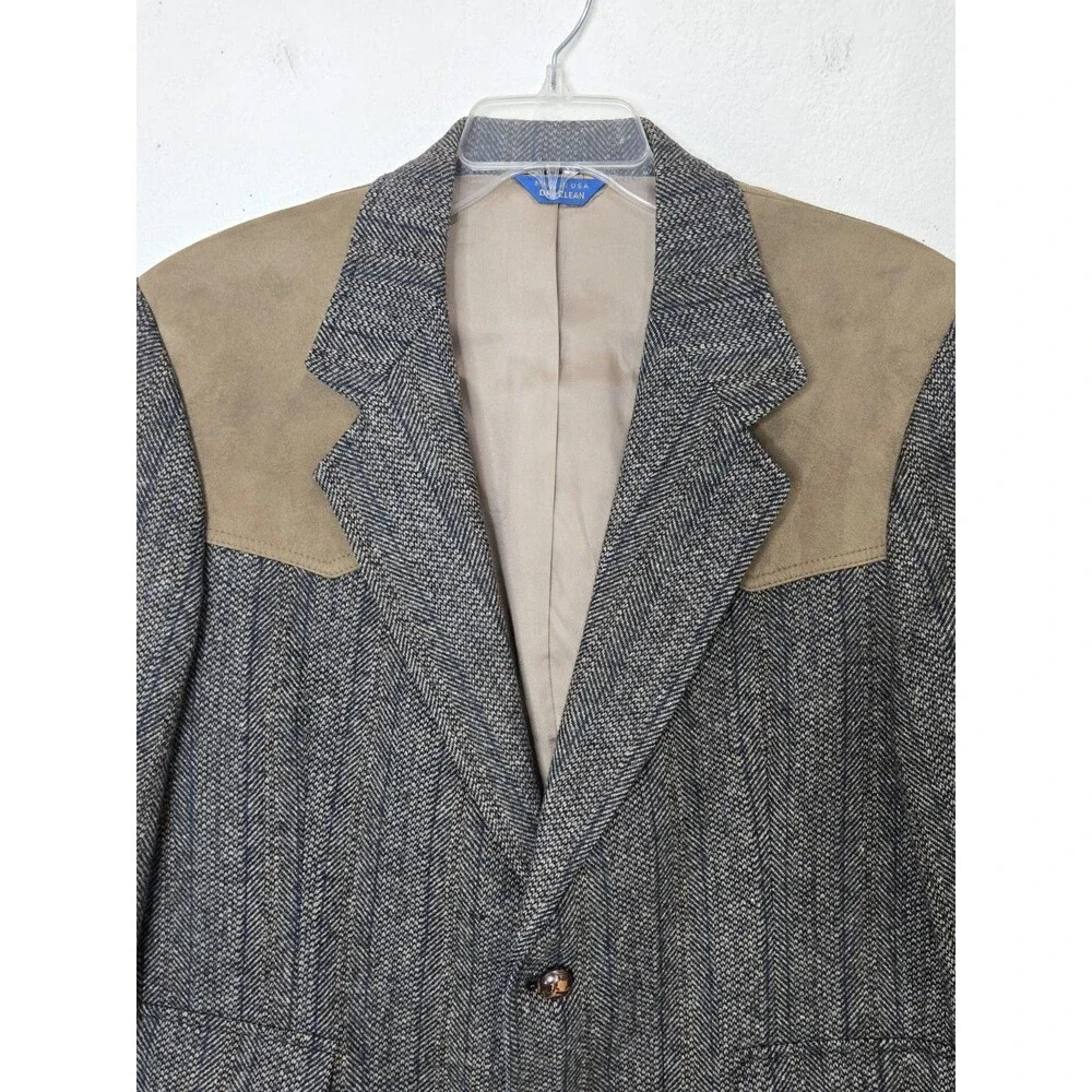 Pendleton Vintage Wool Western Jacket 42 Herringbone Suede Yoke Elbow Patches